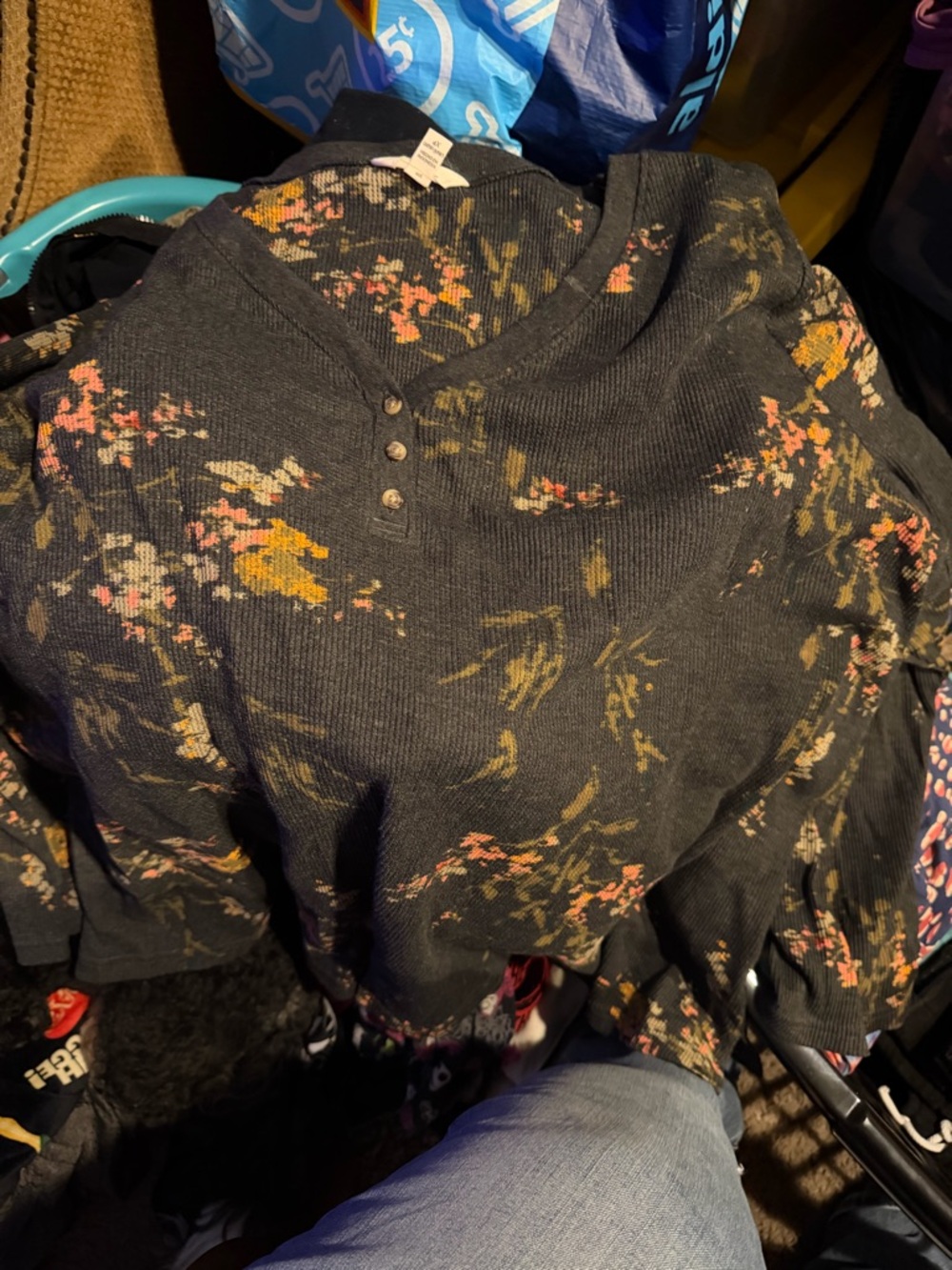 Terra & Sky Black Floral Henley Sweater